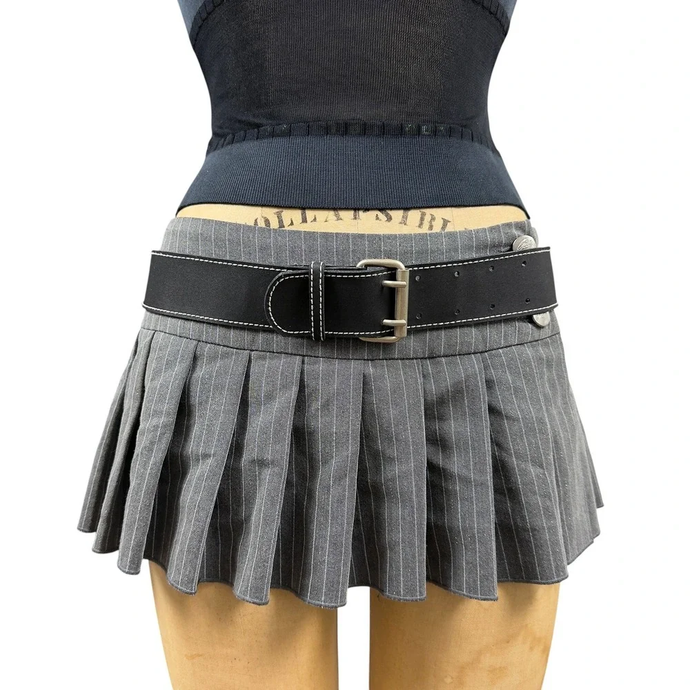Y2K Black Grunge Contrast Stitch Wide Belt Double Prong Buckle OS